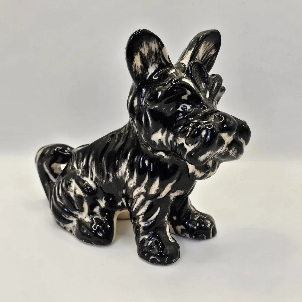 Vintage Japan Scottie Dog Planter Ceramic Black‎ White Mid Century Figurine MCM